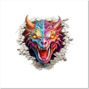 Dragon Head Crack In A Wall 3d Art Posters and Art